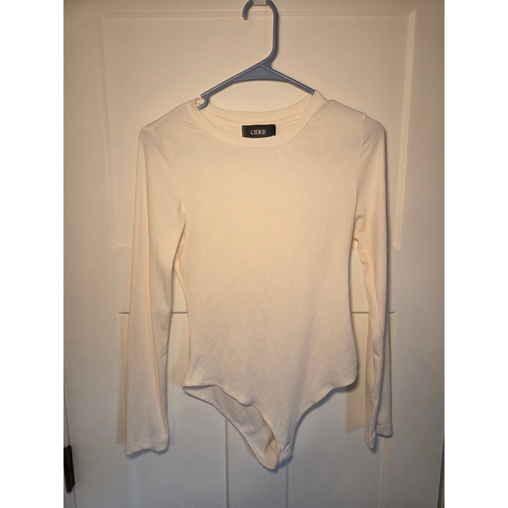 Cider Cream Ribbed Long Sleeve Bodysuit Crew Neck Off White Small